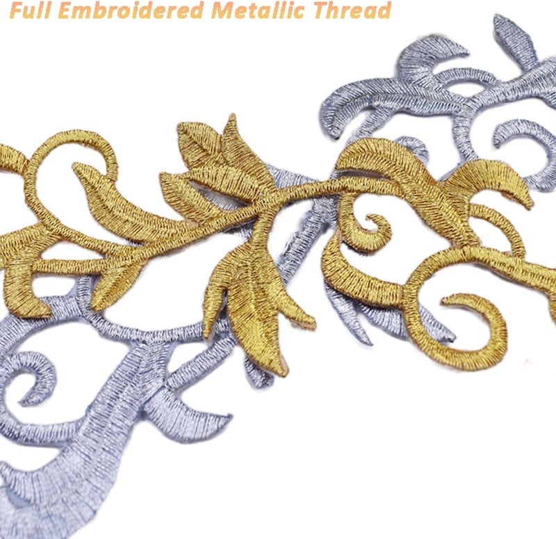 MSCFTFB 6 Pieces Metallic Leaves Embroidered Iron on Patch Flower Vine Border Lace Applique Long Scroll Motif for Dress Pillow Sewing Accessories Embellishment (Silver) - Image 2